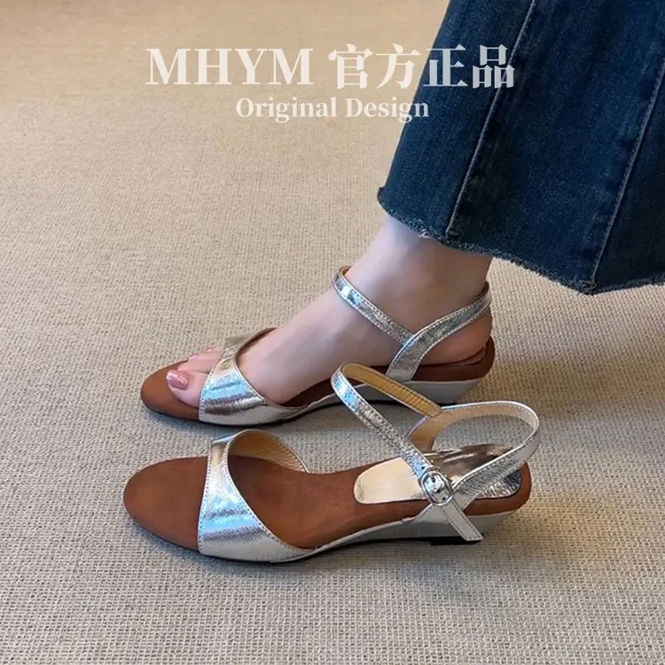 MH官方新款高级感一字带简约配裙子气质凉鞋女夏坡跟复古罗马鞋