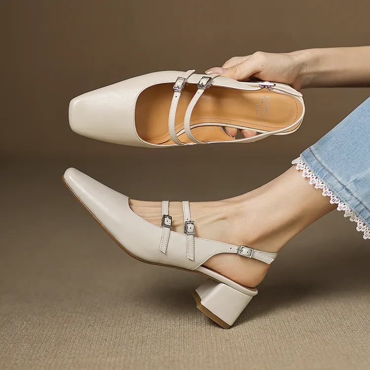 跟高4.5厘米/气质包头凉鞋夏季时尚粗跟真皮玛丽珍鞋复古法式女鞋