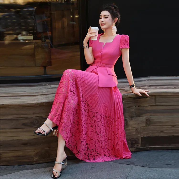 名媛气质时尚套装2025夏季女神范修身西装纯色蕾丝半身裙两件套女