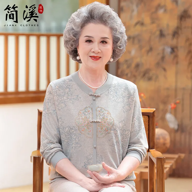 简溪老年人秋装女奶奶新中式国风针织毛衣打底衫中老年妈妈上衣服