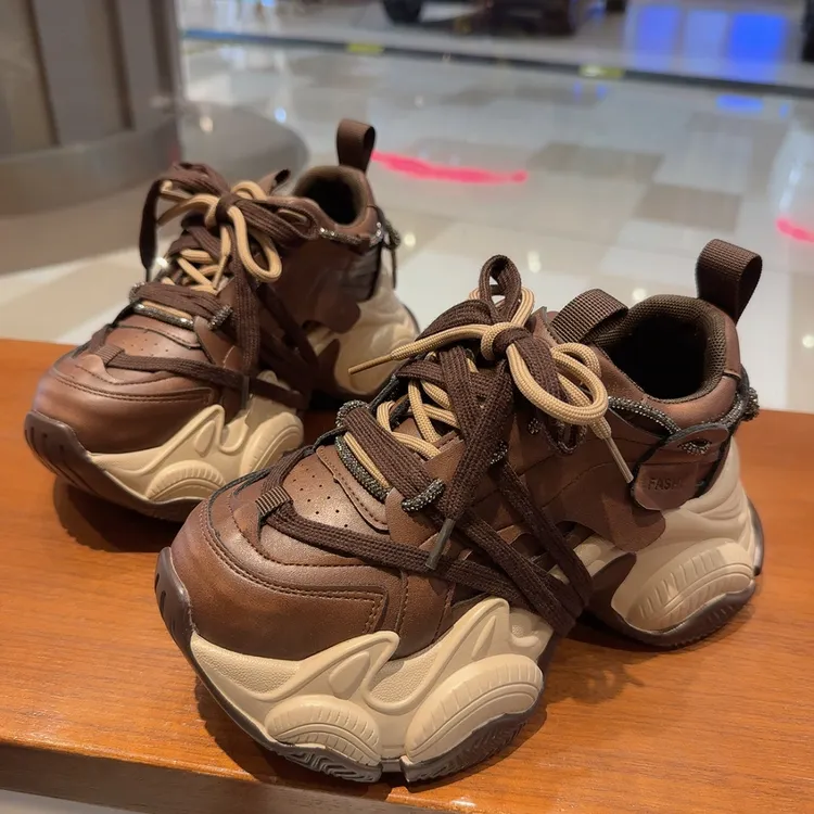 重工潮流绑带水钻系带厚底老爹鞋女春小个子增高百搭休闲运动潮鞋