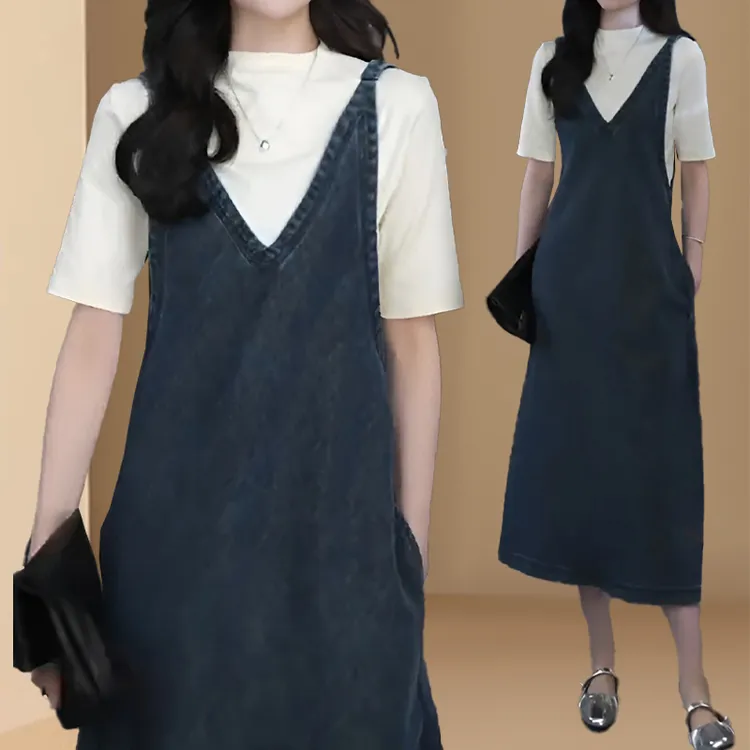 法式复古蓝背带裙纯色显瘦上衣女2025夏季新款修身显瘦穿搭两件套