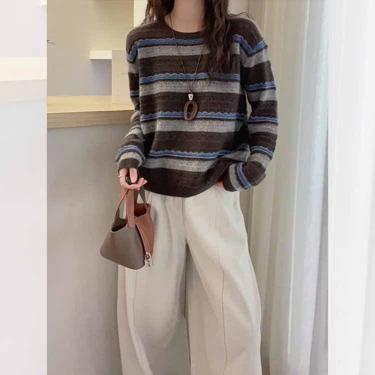 慵懒风别致设计感条纹长袖针织衫女秋季新款胖mm宽松显瘦软糯毛衣