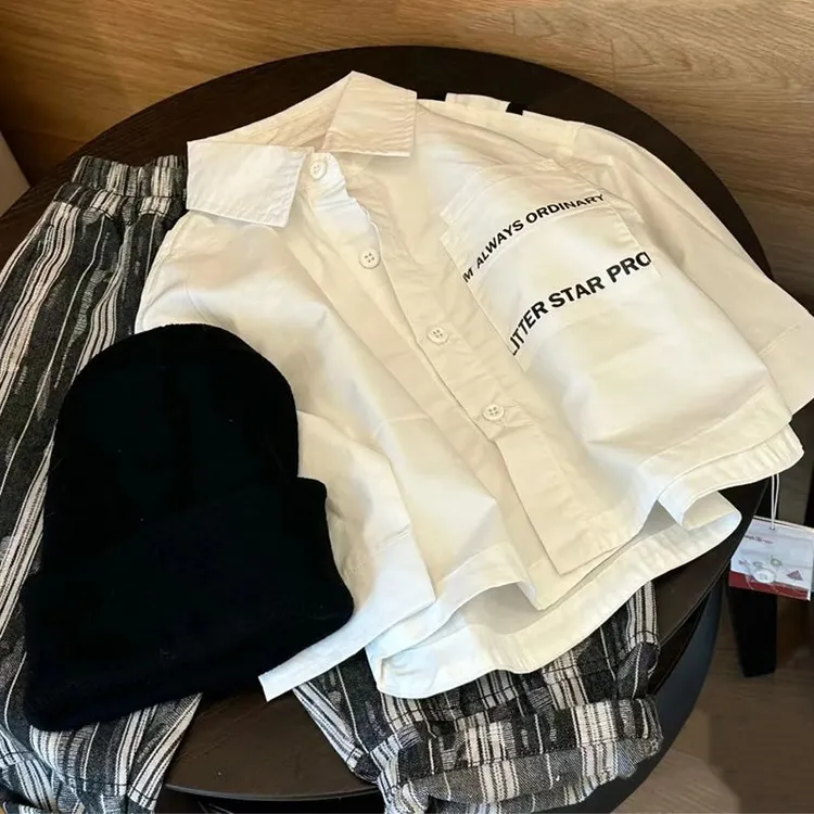 韩国童装痞帅男童衬衫秋装新款儿童帅气时髦白色长袖衬衣时尚帅气