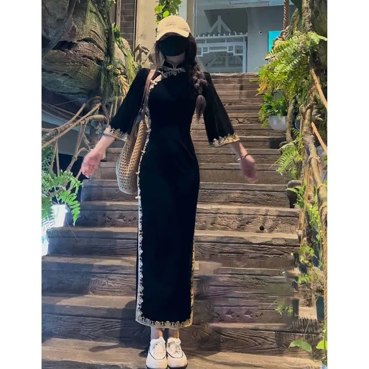 新中式女装中国风改良旗袍高端修身年轻款黑色连衣裙2025早秋新款