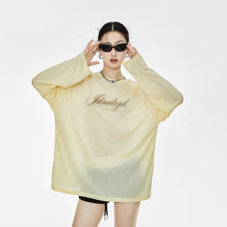 ICHMODE物理防晒凉感罩衫美式长袖T恤女2025年夏季宽松上衣慵懒风