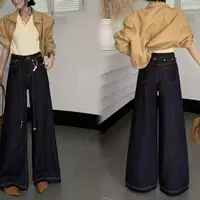 薇莎6894【现货】拖地毛边弹力阔腿牛仔裤