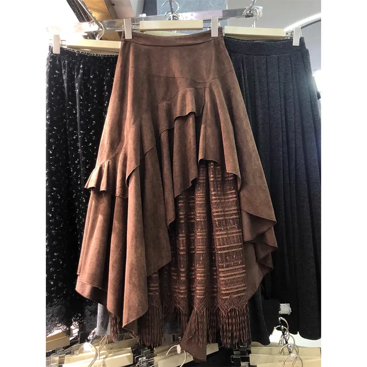 高级感蕾丝拼接半身裙女法式小众不规则荷叶边高腰百搭A字长裙子