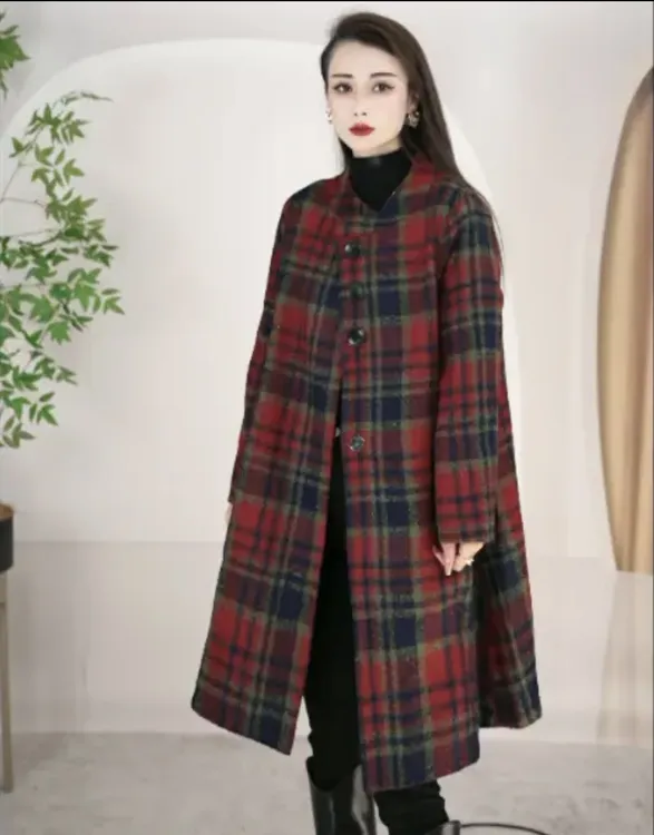春秋冬装中长款百搭经典格纹女士休闲呢大衣毛呢外套时尚