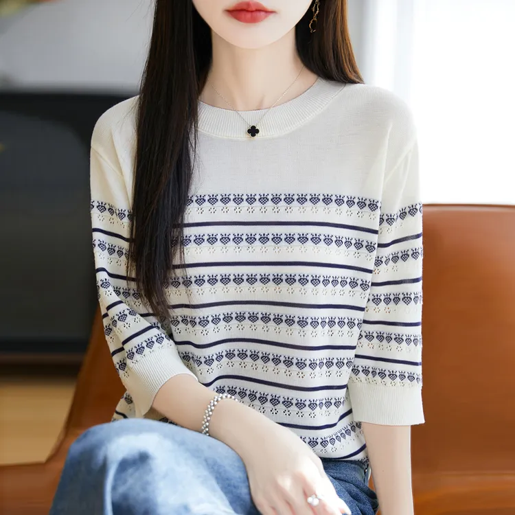 夏季莱赛尔天丝圆领针织短袖上衣女薄款条纹显瘦百搭镂空半袖T恤