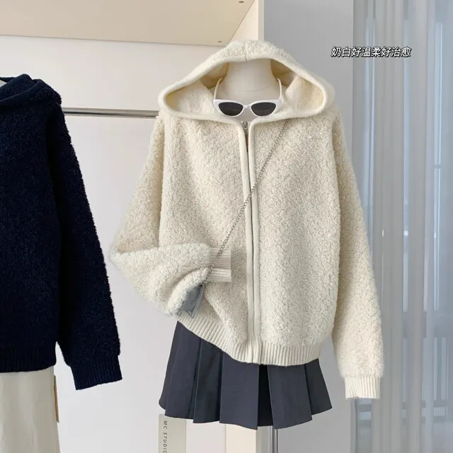 韩系卷卷毛连帽拉链毛衣开衫秋冬保暖外套绒显瘦加厚洋气针织衫