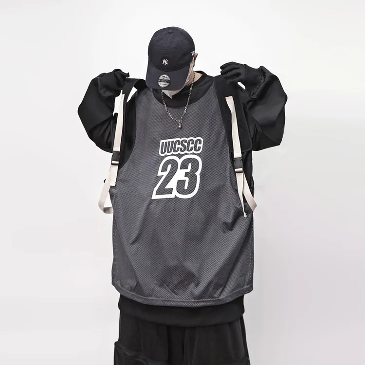 UUCSCC嘻哈高街假两件校园风数字印花卫衣美式复古套头球衣外套男