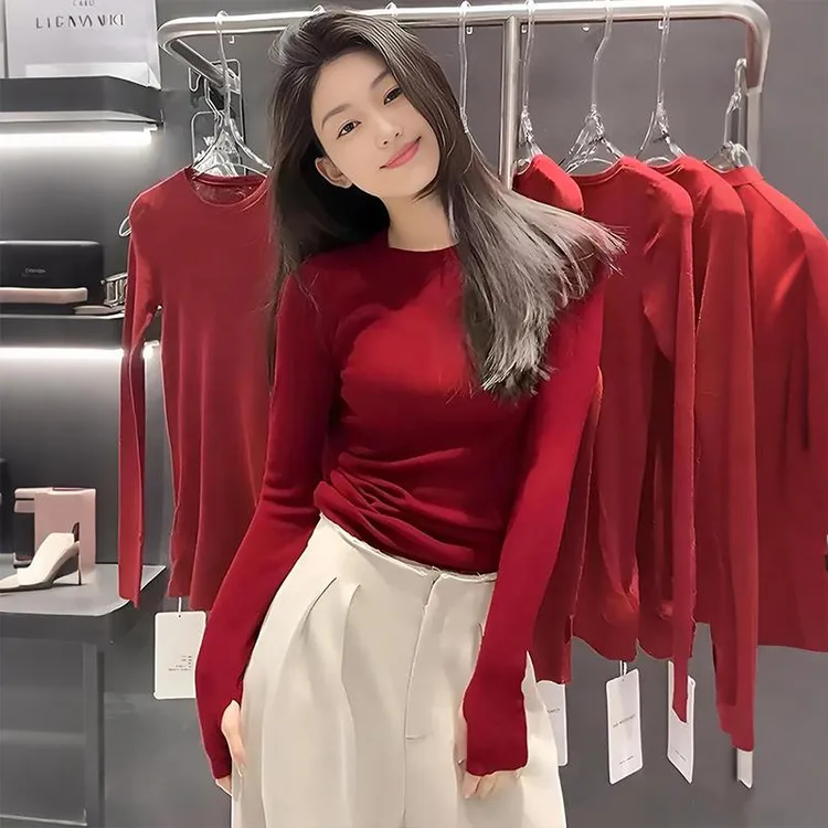 安哥拉红色圆领针织衫女秋冬韩系氛围感红茶风穿搭修身打底衫上衣
