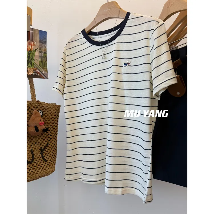 胖妹妹240斤大码杏色条纹小狗蝴蝶结刺绣短袖T恤女夏新款百搭上衣