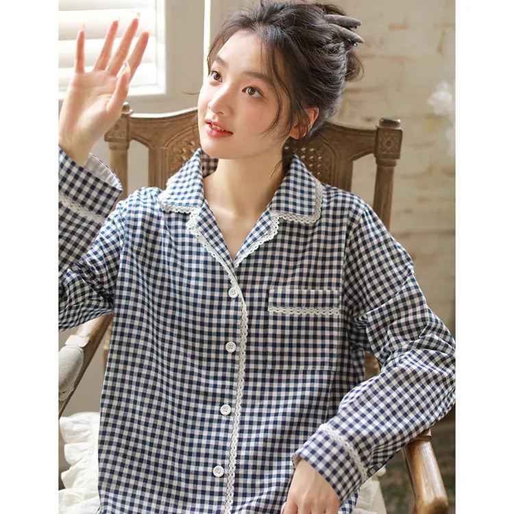 春夏纯棉双层棉纱睡衣简约格子宽松长袖长裤家居服套装