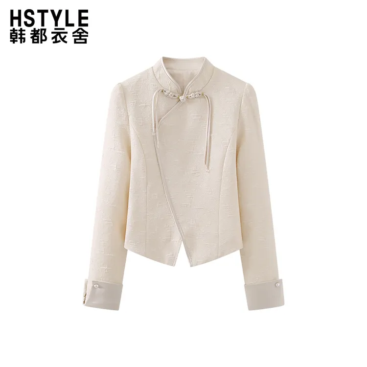韩都衣舍气质高级感小众国风立领盘扣提花外套新中式别致长袖小衫