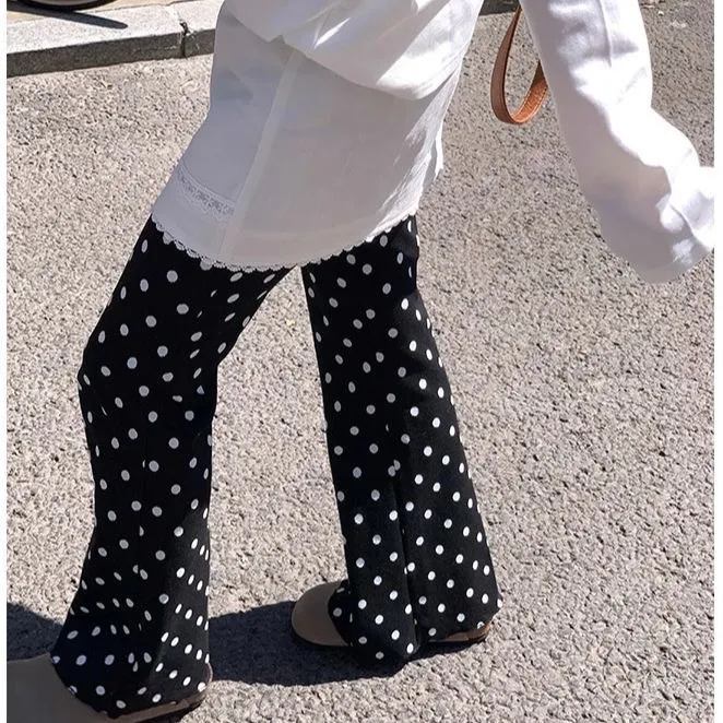韩系波点微喇休闲裤法式高腰显腿长崔感气质百搭休闲长裤松紧腰围