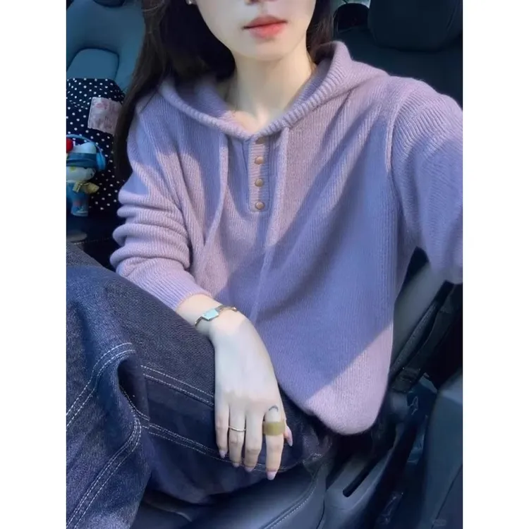 芯娇晴2025新款今年流行爆款韩系连帽上衣紫色针织衫毛衣女秋冬季