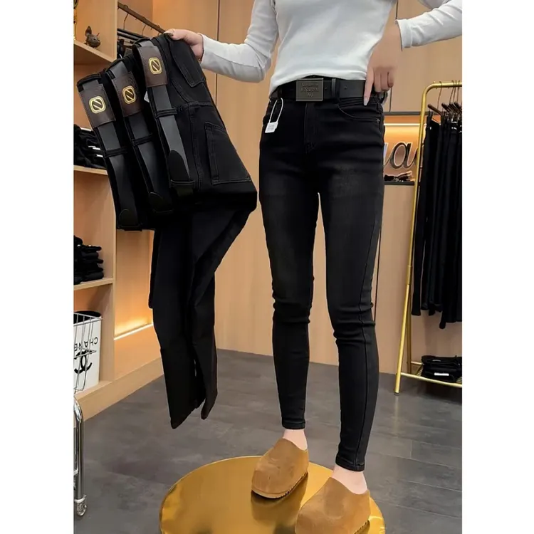黑灰色高腰弹力小脚牛仔裤女春秋大码胖MM遮胯九分紧身显瘦铅笔裤