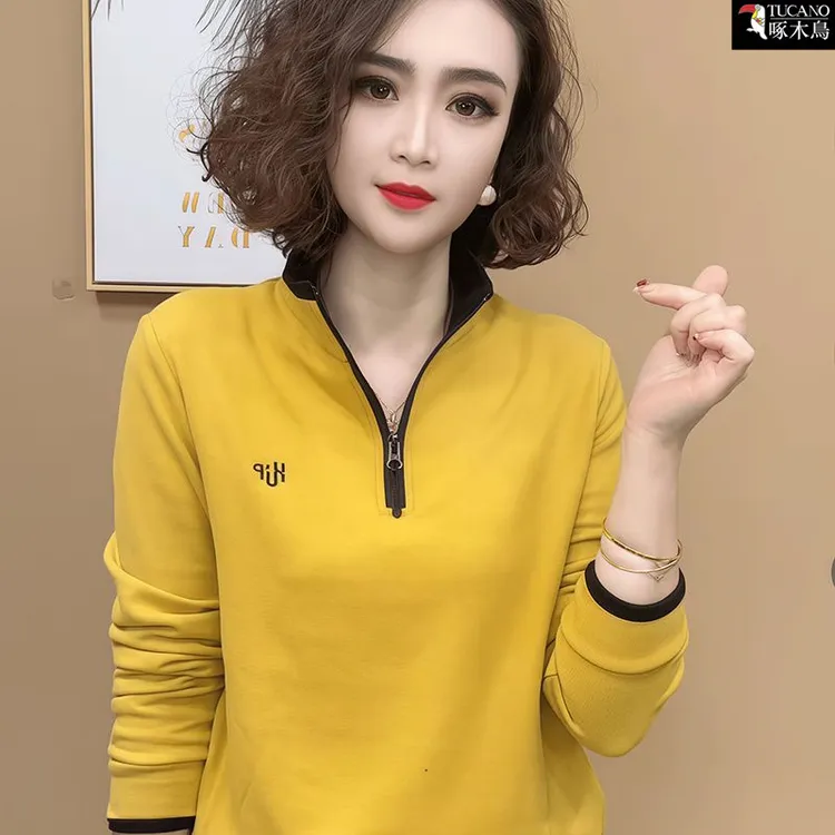 啄木鸟2025年冬季德绒内搭刺绣上衣新款半拉链立领撞色长袖卫衣女