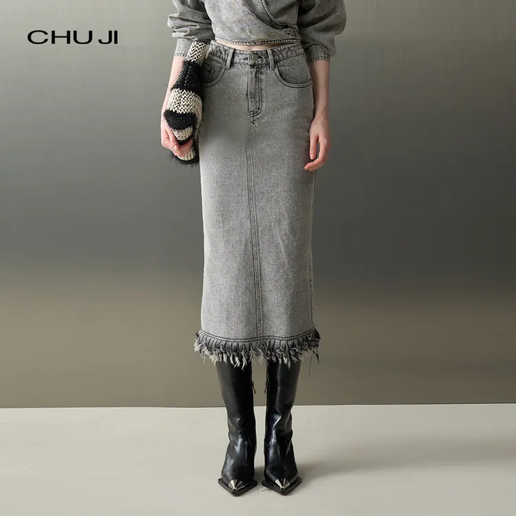Chuji出迹 秋日踪迹毛边流苏灰色牛仔半身裙女中长款半裙E2M2558L
