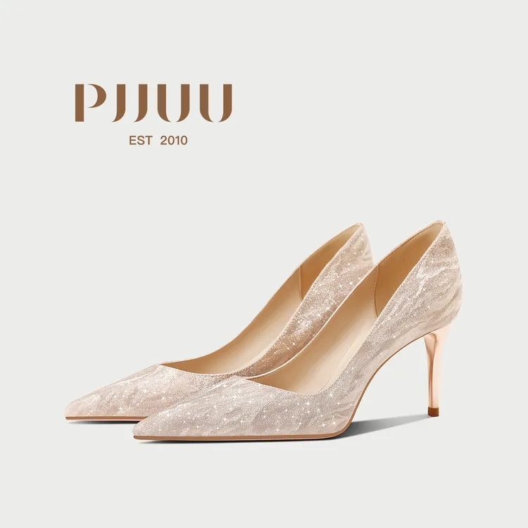 PJJUU气质婚鞋新款法式新娘礼服鞋水晶细跟百搭高跟鞋女尖头1363