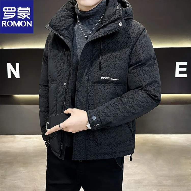 Romon/罗蒙冬季韩版羽绒服连帽飞行印花棒球服休闲外套夹克男装