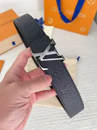 99新 LV 双面平滑扣 牛皮 帆布皮带 男款 黑色荔枝纹银头