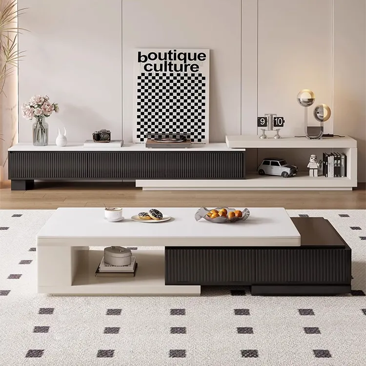 茶几客厅家用2025新款岩板茶几伸缩电视柜简约现代奶油多功能茶桌