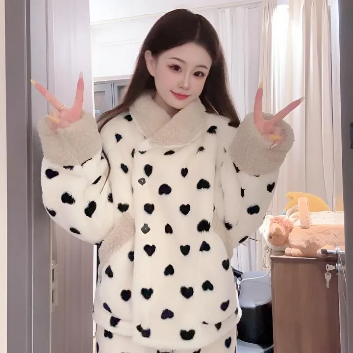 韩系甜美冬季新款可爱加绒加厚睡衣女保暖休闲可爱外穿家居服套装