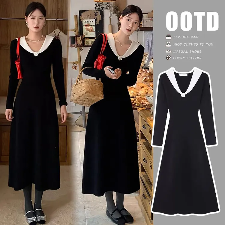 孕妇装秋冬季新款连衣裙山茶花V领撞色设计感气质针织孕妇裙