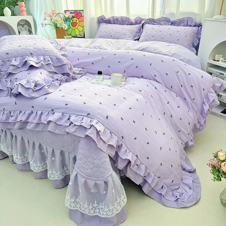 ins风小碎花床盖四件套软糯云感纱双花边被套学生宿舍三件套