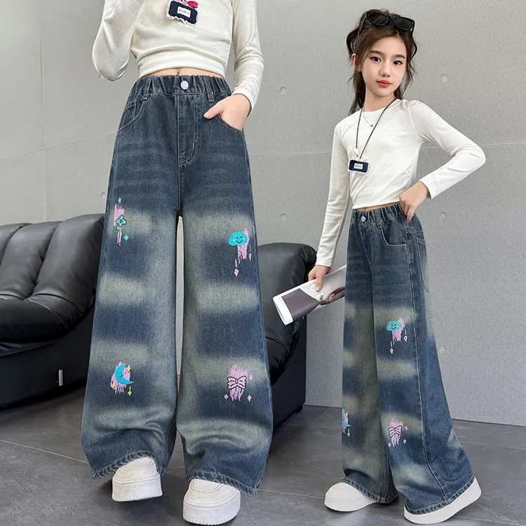 女童牛仔阔腿裤春秋季2025新款独特超好看网红炸街大儿童直筒裤子