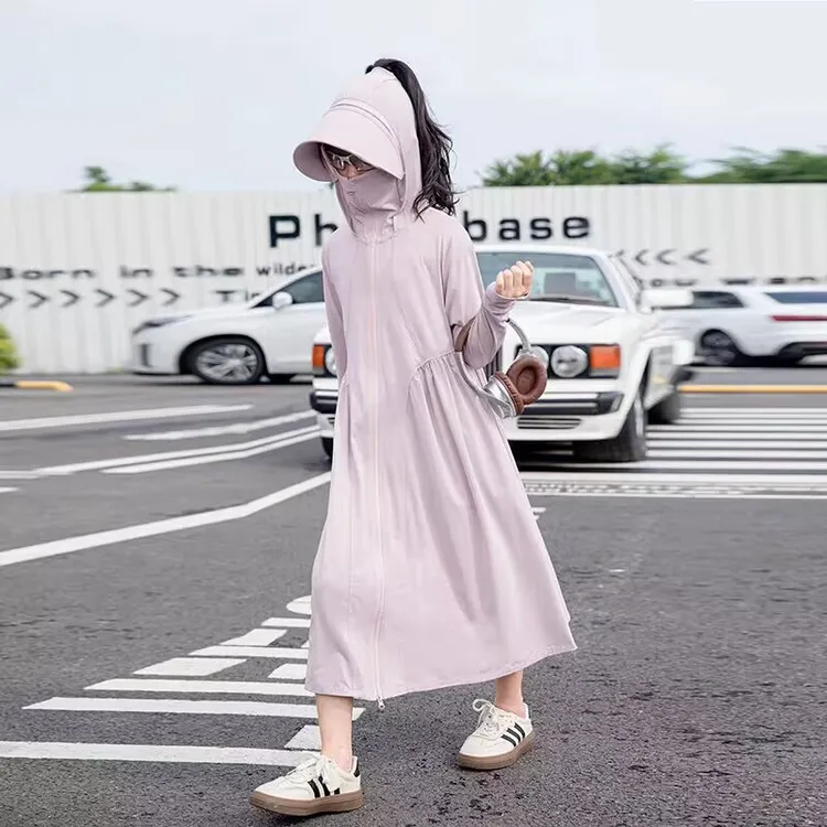 女童长款防晒衣连衣裙黑胶帽檐防紫外线冰丝透气宝宝防晒服外套潮