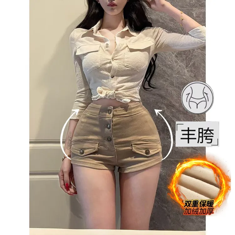 老钱风纯欲丰胯加绒牛仔短裤女2025冬季新款多扣紧身显瘦包臀热裤
