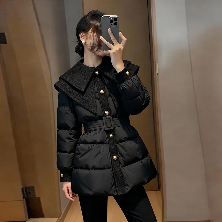 【墨漆光羽】2025年秋冬季新款针织连帽拼接棉服女简约外套潮