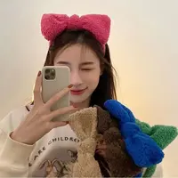 【Muusu】仿羊羔毛复古彩色大蝴蝶结发卡头箍洗脸发饰