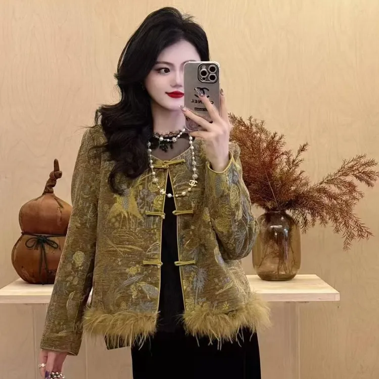 秋季新中式国风加棉加厚外套女时尚气质复古百搭圆领毛毛上衣女潮