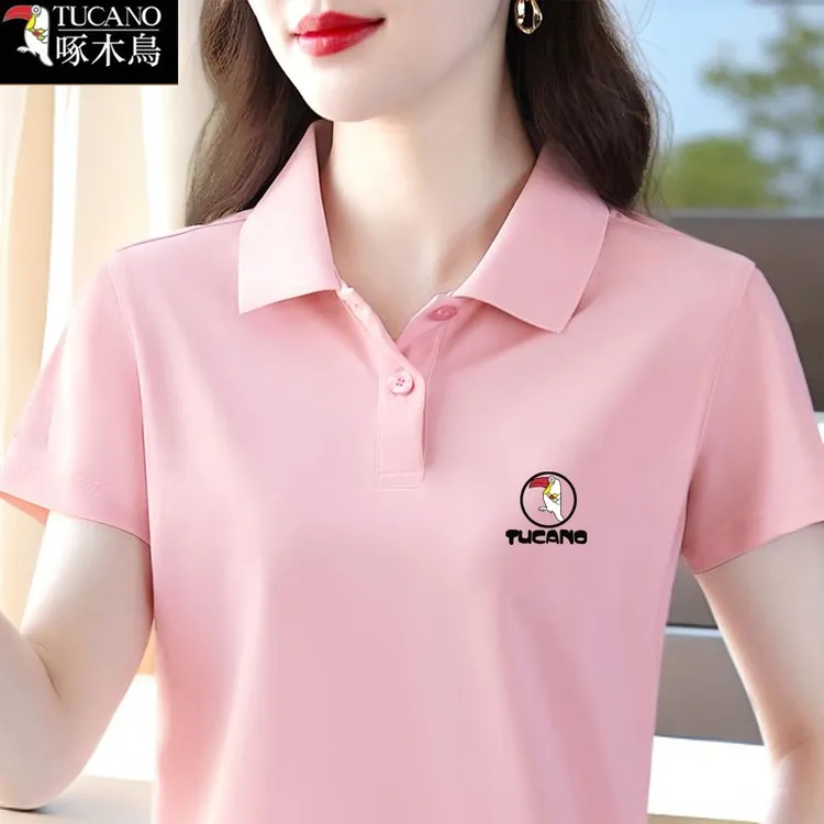 啄木鸟2025年新款休闲百搭T恤气质纽扣POLO领夏季拼接短袖上衣女