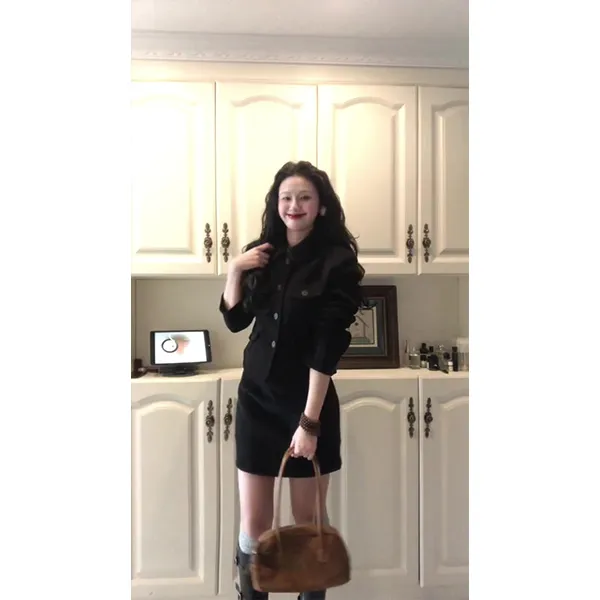 今年流行漂亮富家千金小香风黑色外套半身裙高级感小洋装两件套装