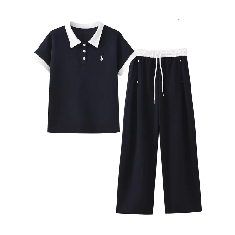 1548时尚短袖POLO领上衣+直筒裤两件套2025夏减龄洋气休闲套装女