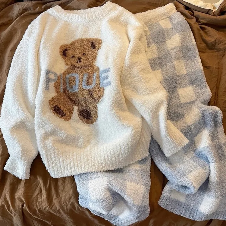 ins半边绒新款可爱小熊睡衣女秋冬季加厚保暖学生外穿家居服套装