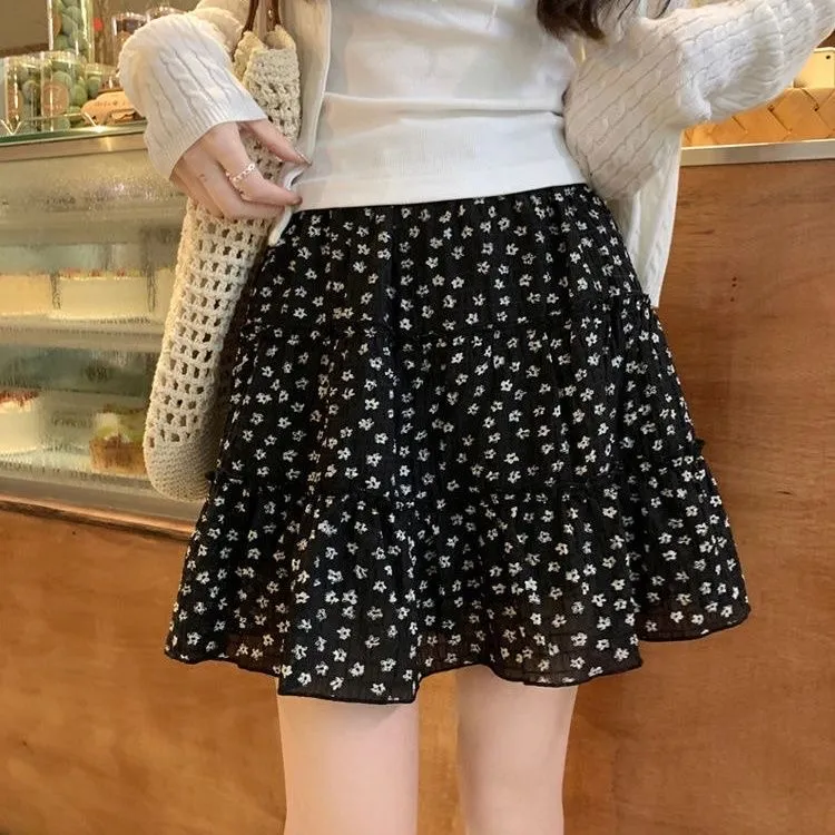 黑色碎花半身裙女夏季新款小个子高腰显瘦a字裙雪纺短裙蛋糕裙