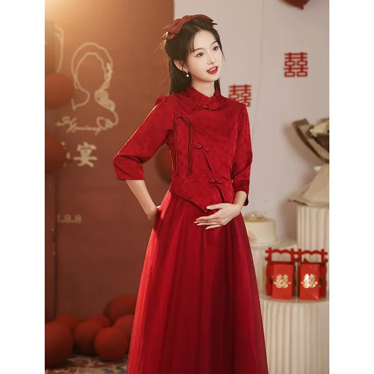 孕妇敬酒服新娘2025新款新中式长袖旗袍秀禾订婚礼服女回门高级感