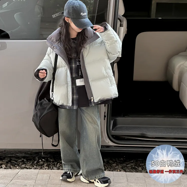 韩版女童冬季羽绒服2025新款中大童加厚保暖撞色白鸭绒外套百搭潮
