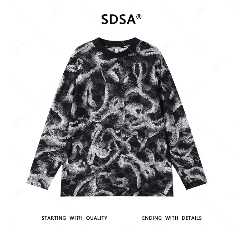 SDSA秋季新款男士痞帅简约小格子撞色圆领长袖T恤宽松百搭休闲
