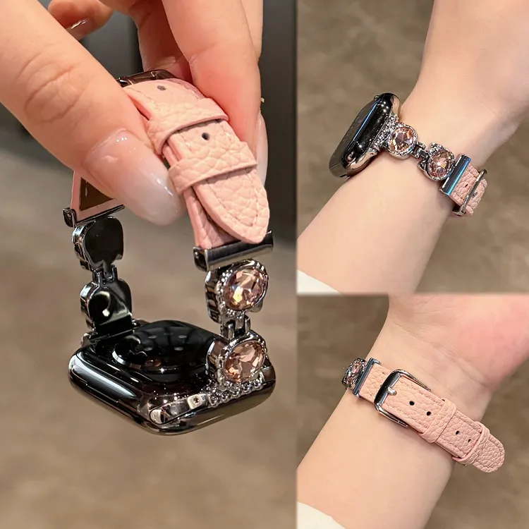 气质感KT镶钻荔枝纹皮质表带适用苹果s11iwatch10s98华为FIT4Fit3