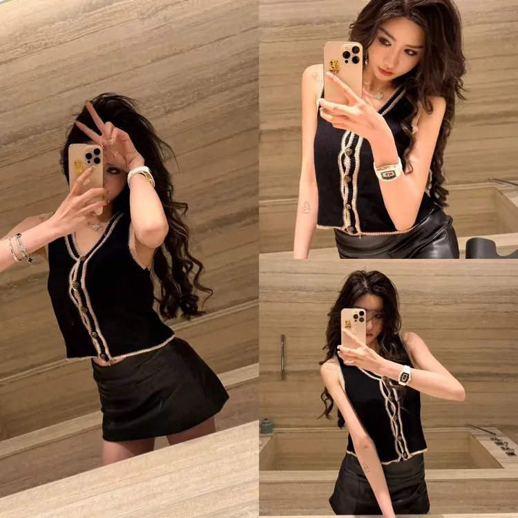 黑色无袖针织开衫v领马甲坎肩上衣