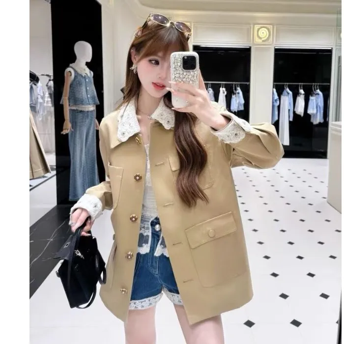 2025秋季新款蕾丝刺绣设计感单排扣卡其色洋气宽松风衣西装外套女