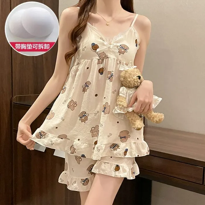 睡衣女夏季新款吊带卡通可爱印花居家服套头洋气宽松休闲短裤薄款